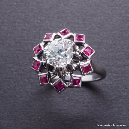 Bague Ancienne Réglable Argentée - Rubis, Cristaux, Diamant - Bijou Vintage N°269