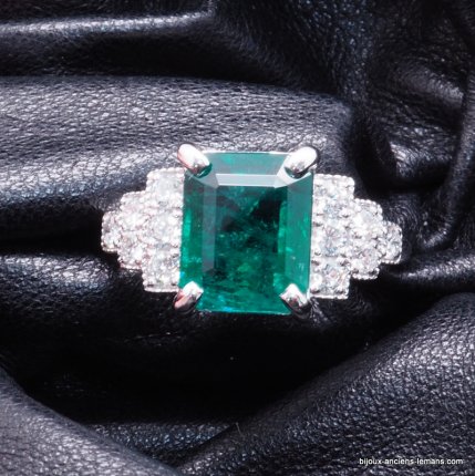 Bague Vintage Plaqué Or Avec Cristal Émeraude Et Diamant - Taille 55 Femme - Bijou Occasion Rénové